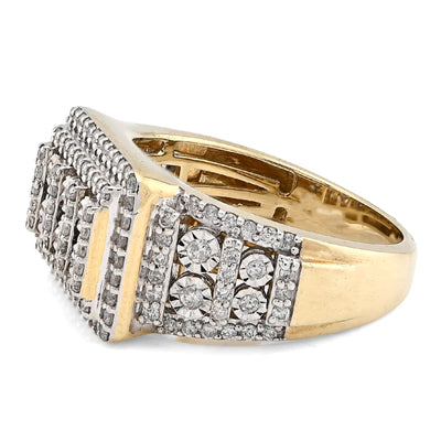 10K Yellow Gold Rectangle Multi - Column Illusion Side Iced 1.05CT Natural Diamond Men Pinky Ring - Elite Jewelers - Rings