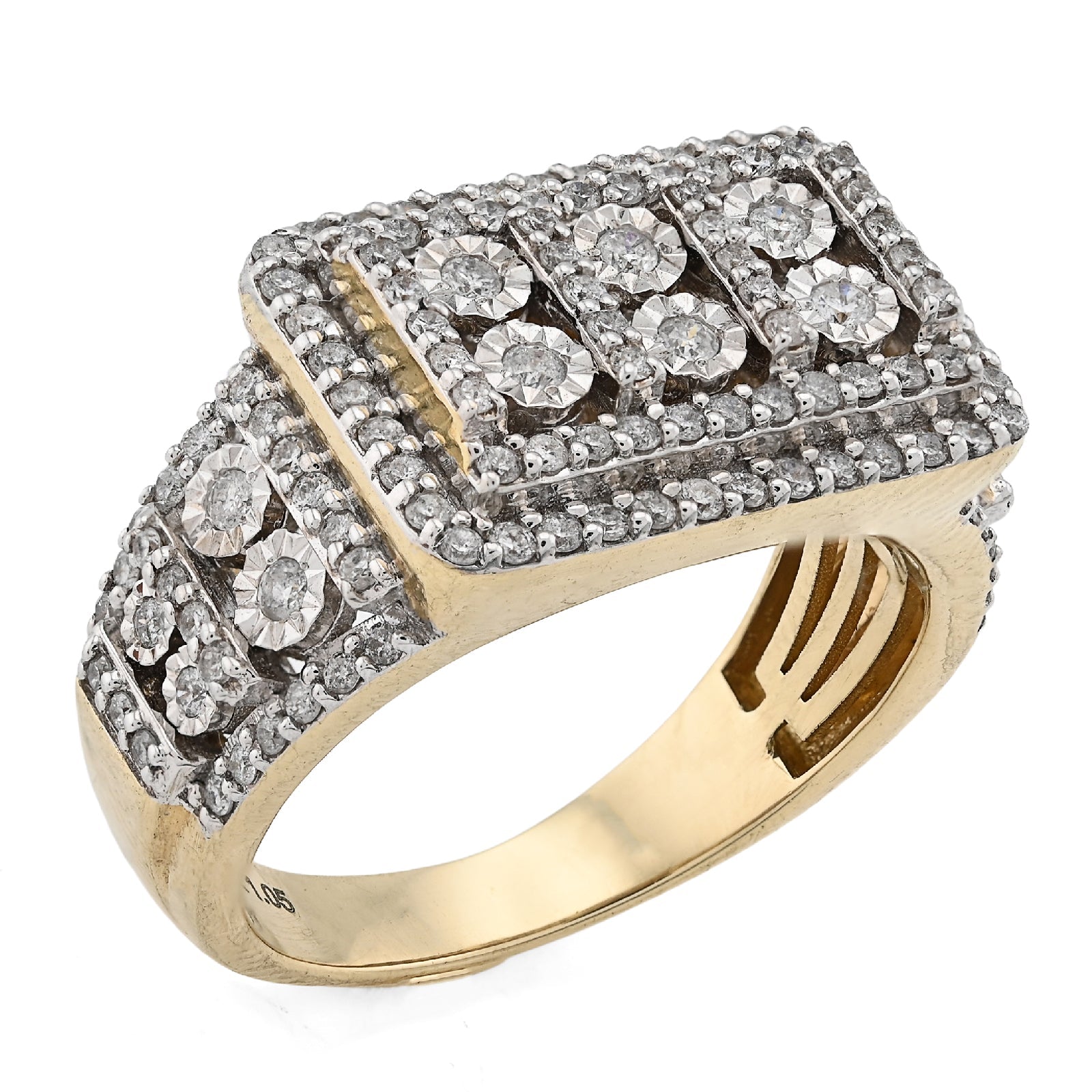 10K Yellow Gold Rectangle Multi - Column Illusion Side Iced 1.05CT Natural Diamond Men Pinky Ring - Elite Jewelers - Rings