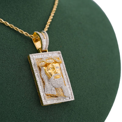 10K Yellow Gold Rectangular Shape Baguette Natural Diamond 3.05CT Jesus Head Pendant Men Charm - Elite Jewelers-Charms & Pendants