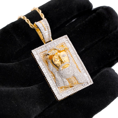 10K Yellow Gold Rectangular Shape Baguette Natural Diamond 3.05CT Jesus Head Pendant Men Charm - Elite Jewelers-Charms & Pendants