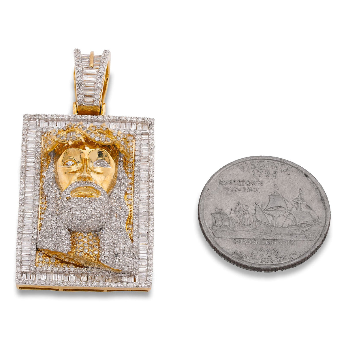 10K Yellow Gold Rectangular Shape Baguette Natural Diamond 3.05CT Jesus Head Pendant Men Charm - Elite Jewelers-Charms & Pendants