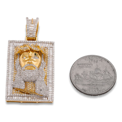 10K Yellow Gold Rectangular Shape Baguette Natural Diamond 3.05CT Jesus Head Pendant Men Charm - Elite Jewelers-Charms & Pendants