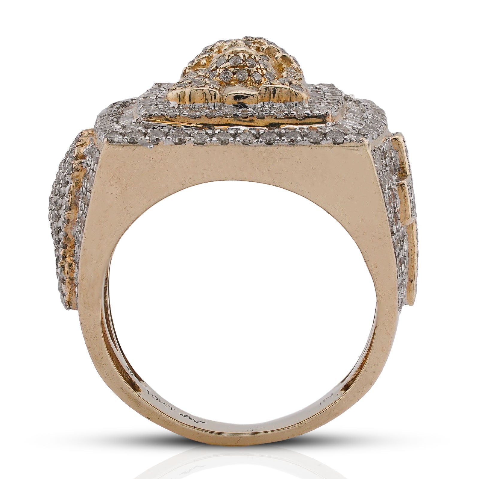 10K Yellow Gold Rectangular Shape Jesus Head w/ Cross Baguette Natural Diamond Men Pinky Ring - Elite Jewelers-Rings
