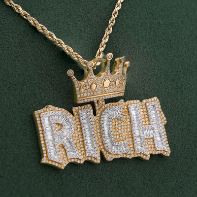 10K Yellow Gold RICH Crown Pendant 5CT Natural Diamond Men Women Charm - Elite Jewelers-Charms & Pendants