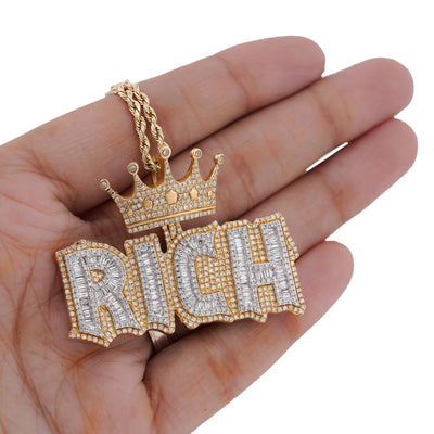 10K Yellow Gold RICH Crown Pendant 5CT Natural Diamond Men Women Charm - Elite Jewelers-Charms & Pendants