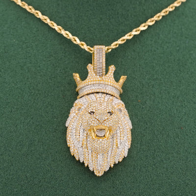 10K Yellow Gold Roaring Lion Crown 2.20CT Natural Diamond Animal Pendant Men Charm - Elite Jewelers-Charms & Pendants
