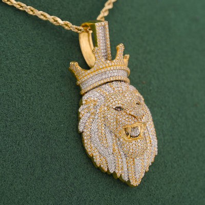 10K Yellow Gold Roaring Lion Crown 2.20CT Natural Diamond Animal Pendant Men Charm - Elite Jewelers-Charms & Pendants