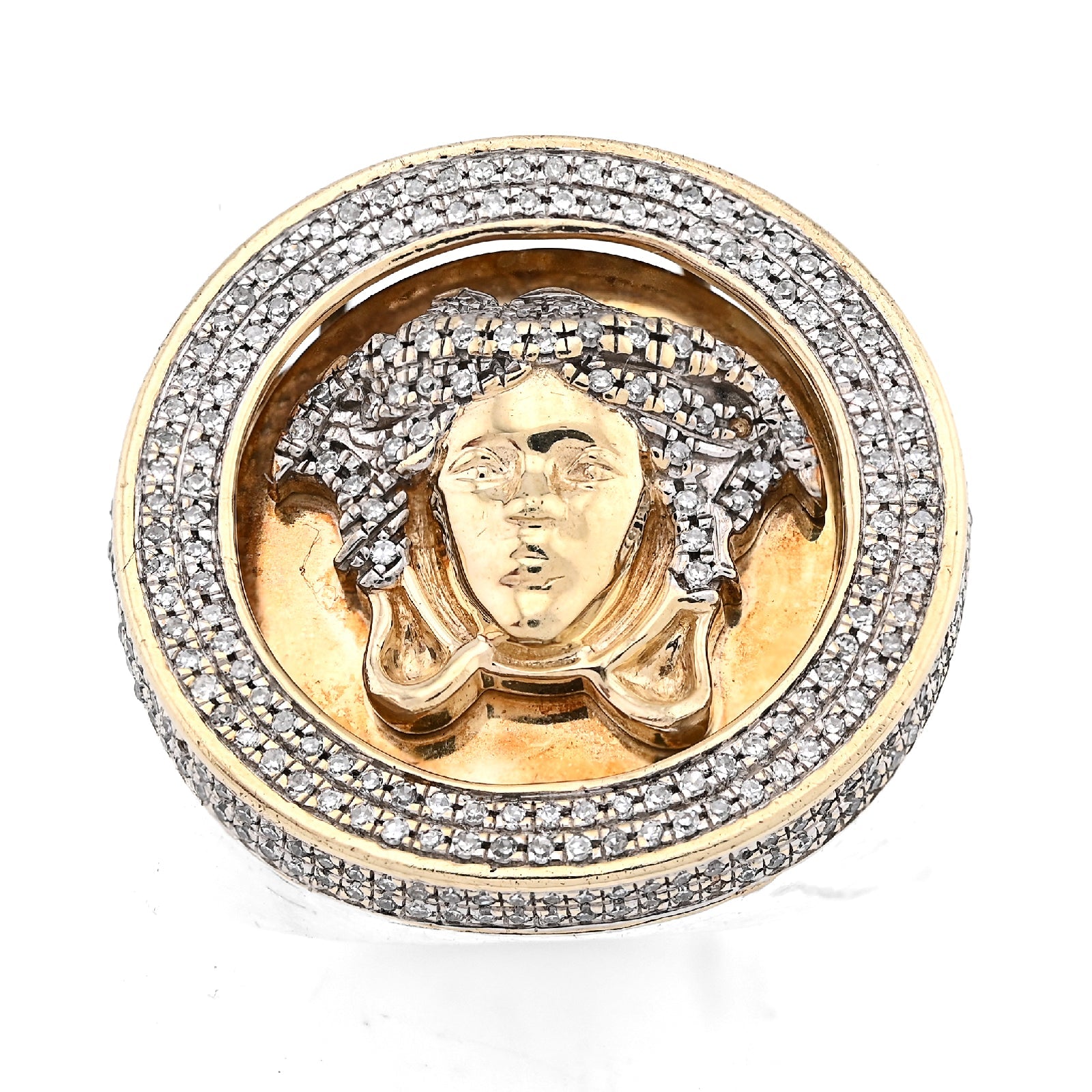10K Yellow Gold Round Medusa Face 1CT Natural Diamond Men Pinky Ring - Elite Jewelers - Rings