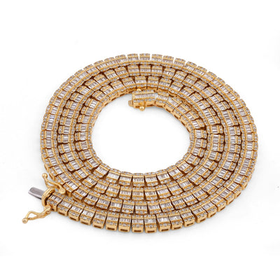 10K Yellow Gold Round/Baguette 4.72CT Natural Diamond 4MM Tennis Chain Men Necklace 18" Chain - Elite Jewelers-Necklaces