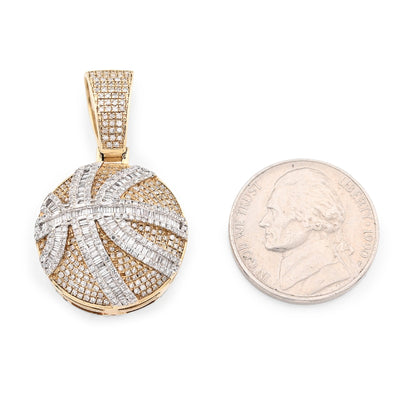 10K Yellow Gold Round/Baguette Natural Diamond Basket Ball Men Charm Pendant 34.8MM 14.8g - Elite Jewelers - Charms & Pendants