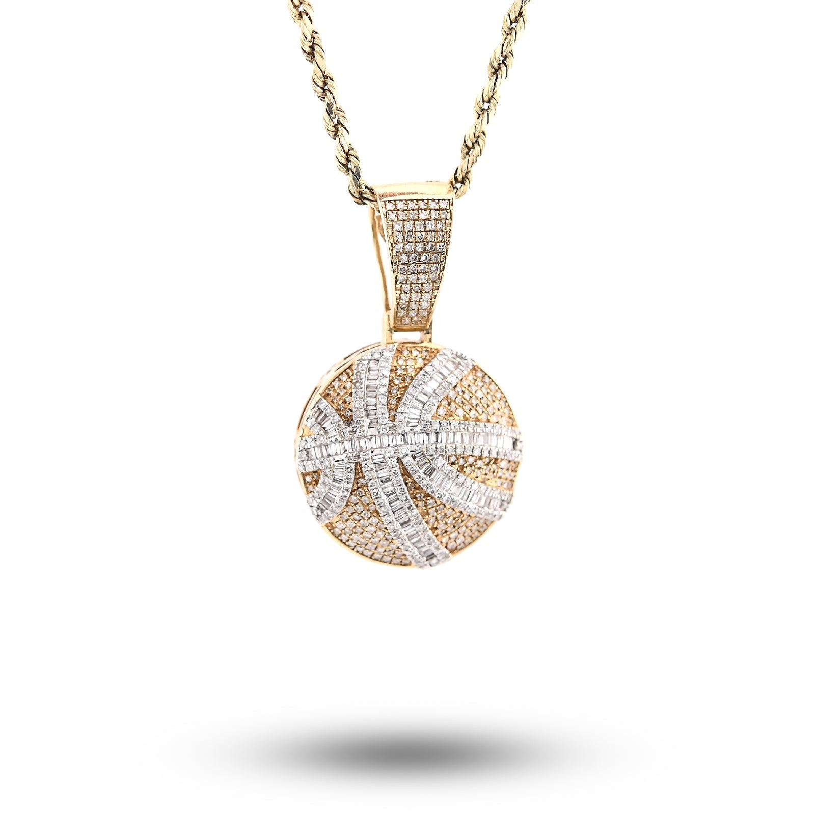 10K Yellow Gold Round/Baguette Natural Diamond Basket Ball Men Charm Pendant 34.8MM 14.8g - Elite Jewelers - Charms & Pendants