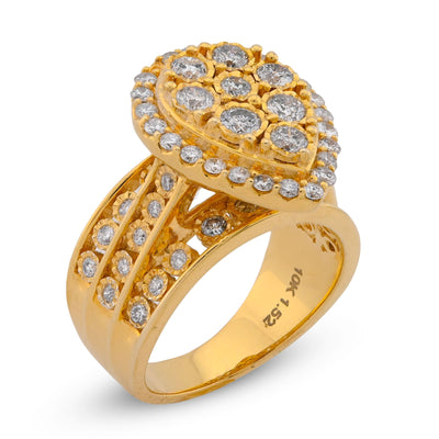 10K Yellow Gold Tear Drop Shape Mosaic Set Halo Natural Diamond Women Ring - Elite Jewelers-Rings