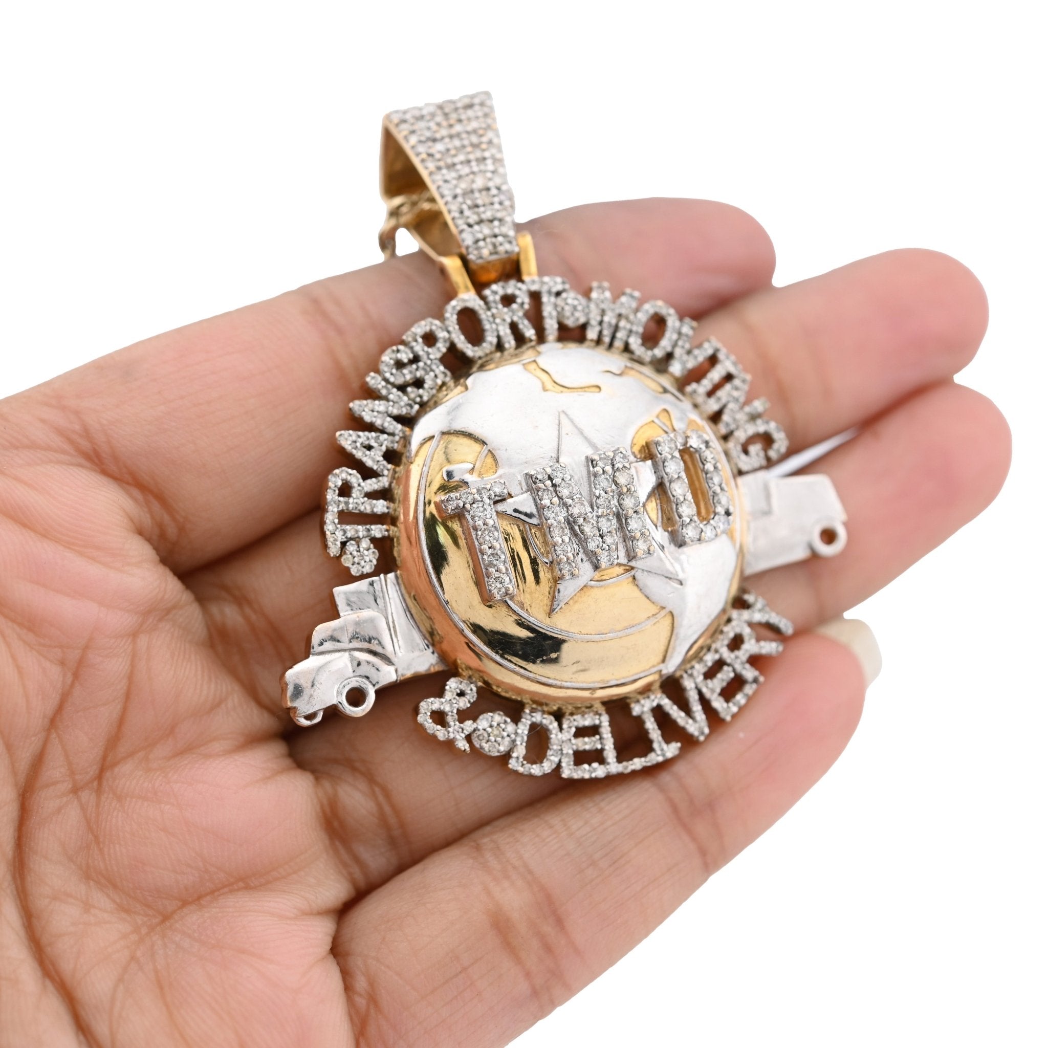 10K Yellow Gold "Transport, Moving & Delivery" Globe Truck 2CT Natural Diamond Men Pendant Charm - Elite Jewelers - Charms & Pendants