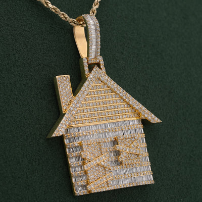 10K Yellow Gold Trap House Round/Baguette 9CT Natural Diamond Charm Pendant - Elite Jewelers-Charms & Pendants