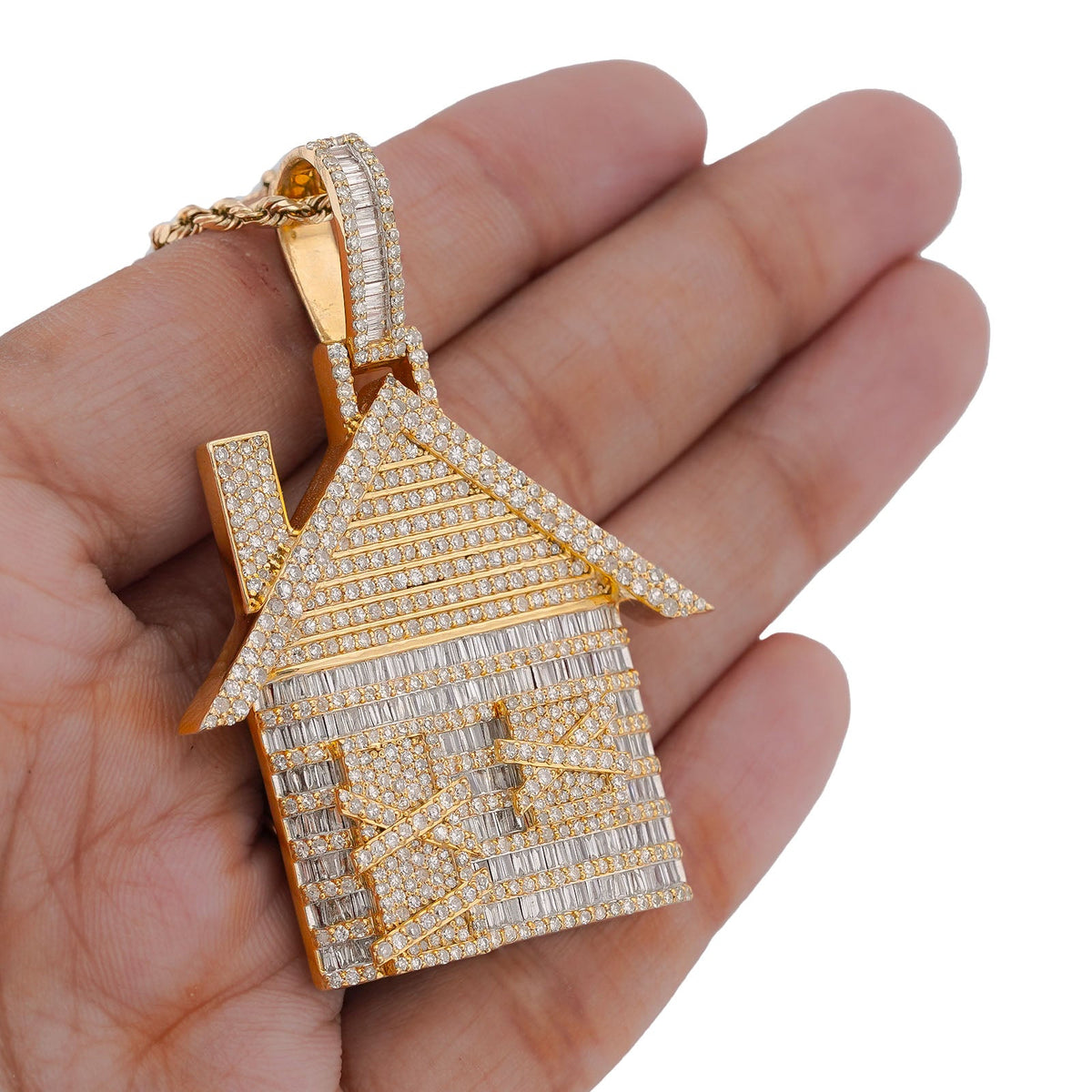 10K Yellow Gold Trap House Round/Baguette 9CT Natural Diamond Charm Pendant - Elite Jewelers-Charms & Pendants