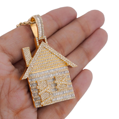 10K Yellow Gold Trap House Round/Baguette 9CT Natural Diamond Charm Pendant - Elite Jewelers-Charms & Pendants