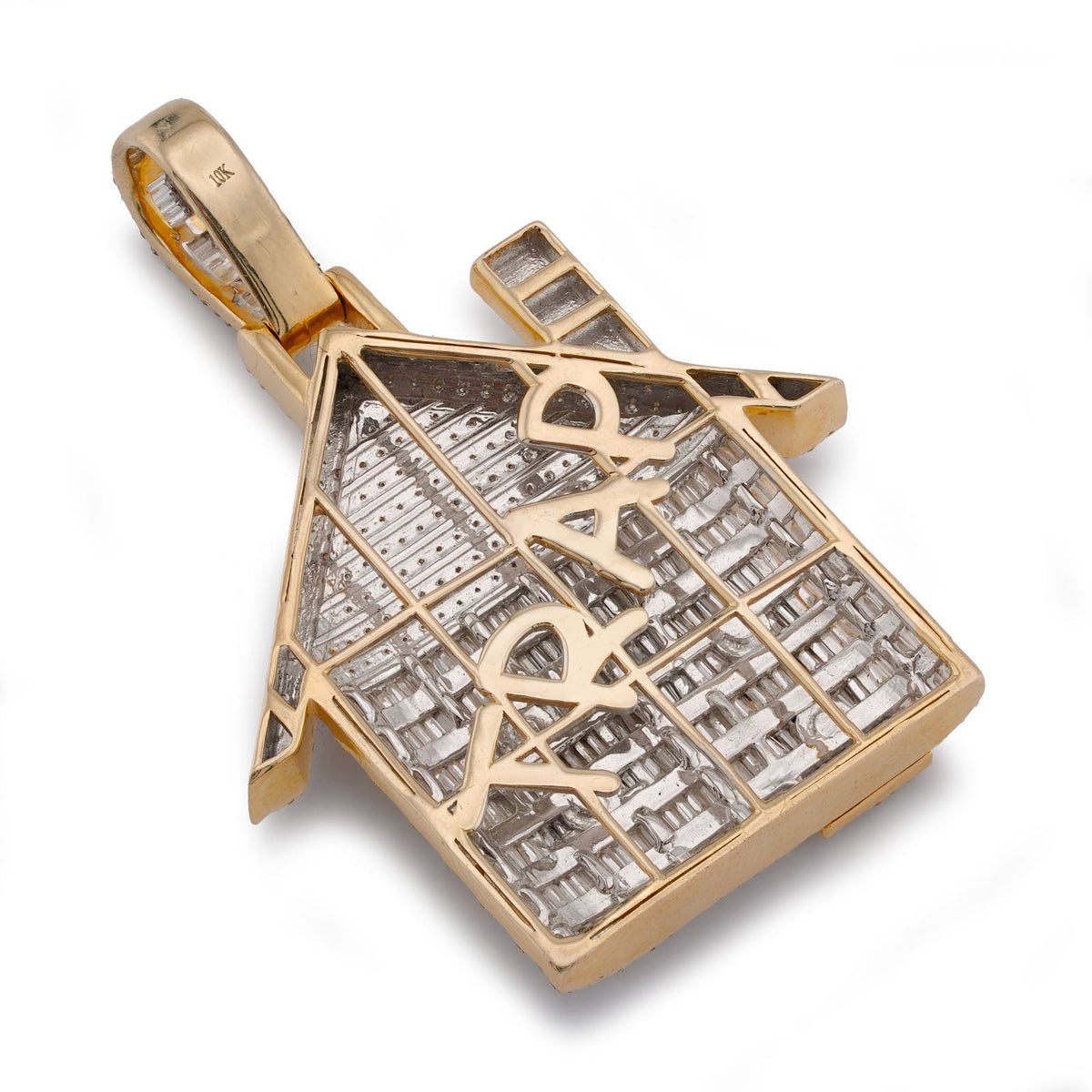10K Yellow Gold Trap House Round/Baguette 9CT Natural Diamond Charm Pendant - Elite Jewelers-Charms & Pendants