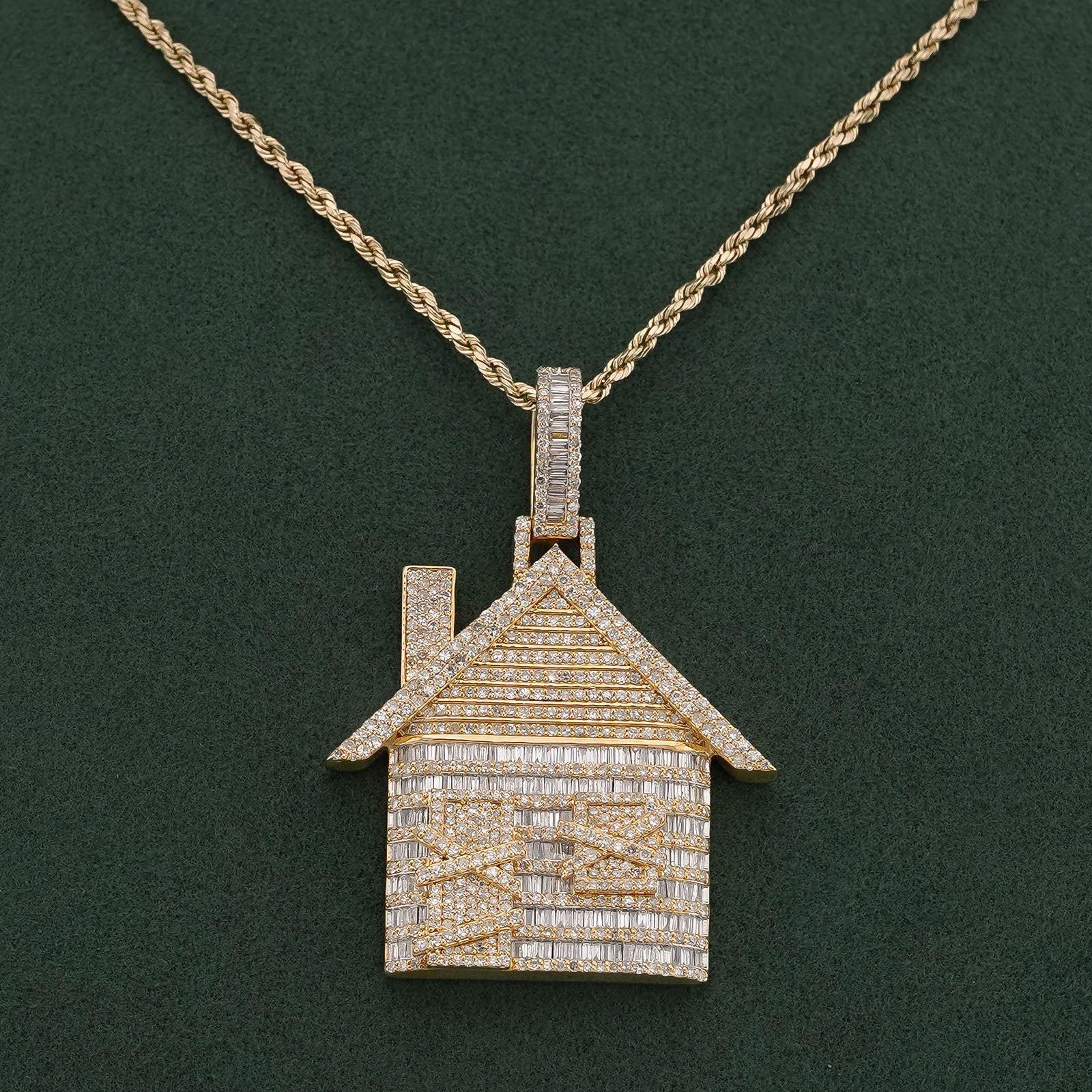 10K Yellow Gold Trap House Round/Baguette 9CT Natural Diamond Charm Pendant - Elite Jewelers-Charms & Pendants