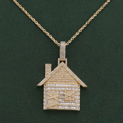 10K Yellow Gold Trap House Round/Baguette 9CT Natural Diamond Charm Pendant - Elite Jewelers-Charms & Pendants