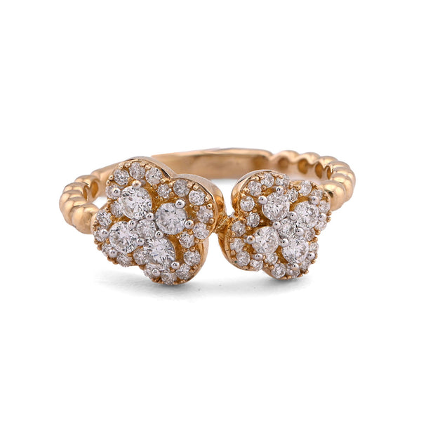10K Yellow Gold Two 4 - Leaf Clover Side Bead Band 0.50CT Natural Diamond Women Ring - Elite Jewelers - Rings