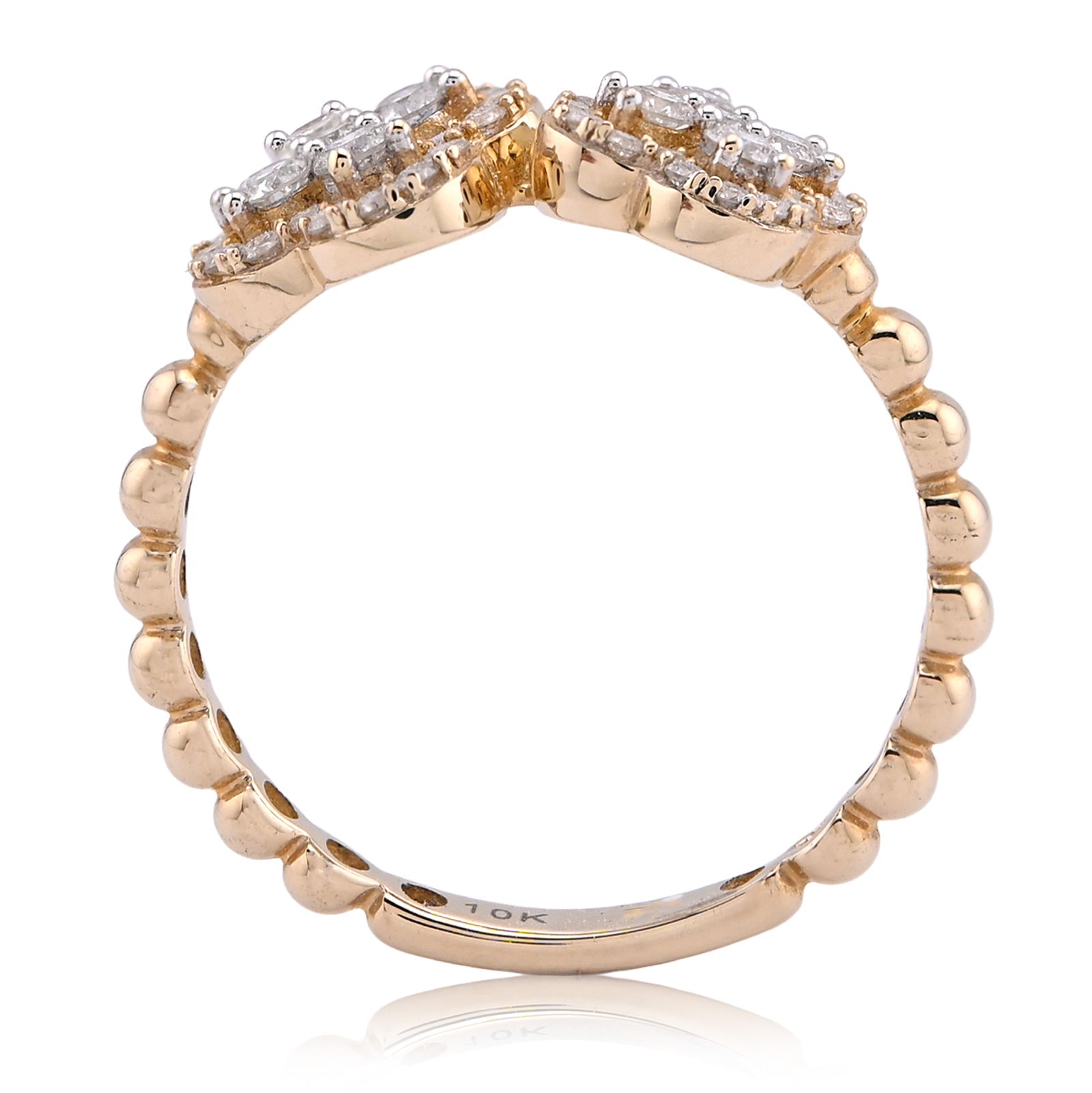 10K Yellow Gold Two 4 - Leaf Clover Side Bead Band 0.50CT Natural Diamond Women Ring - Elite Jewelers - Rings