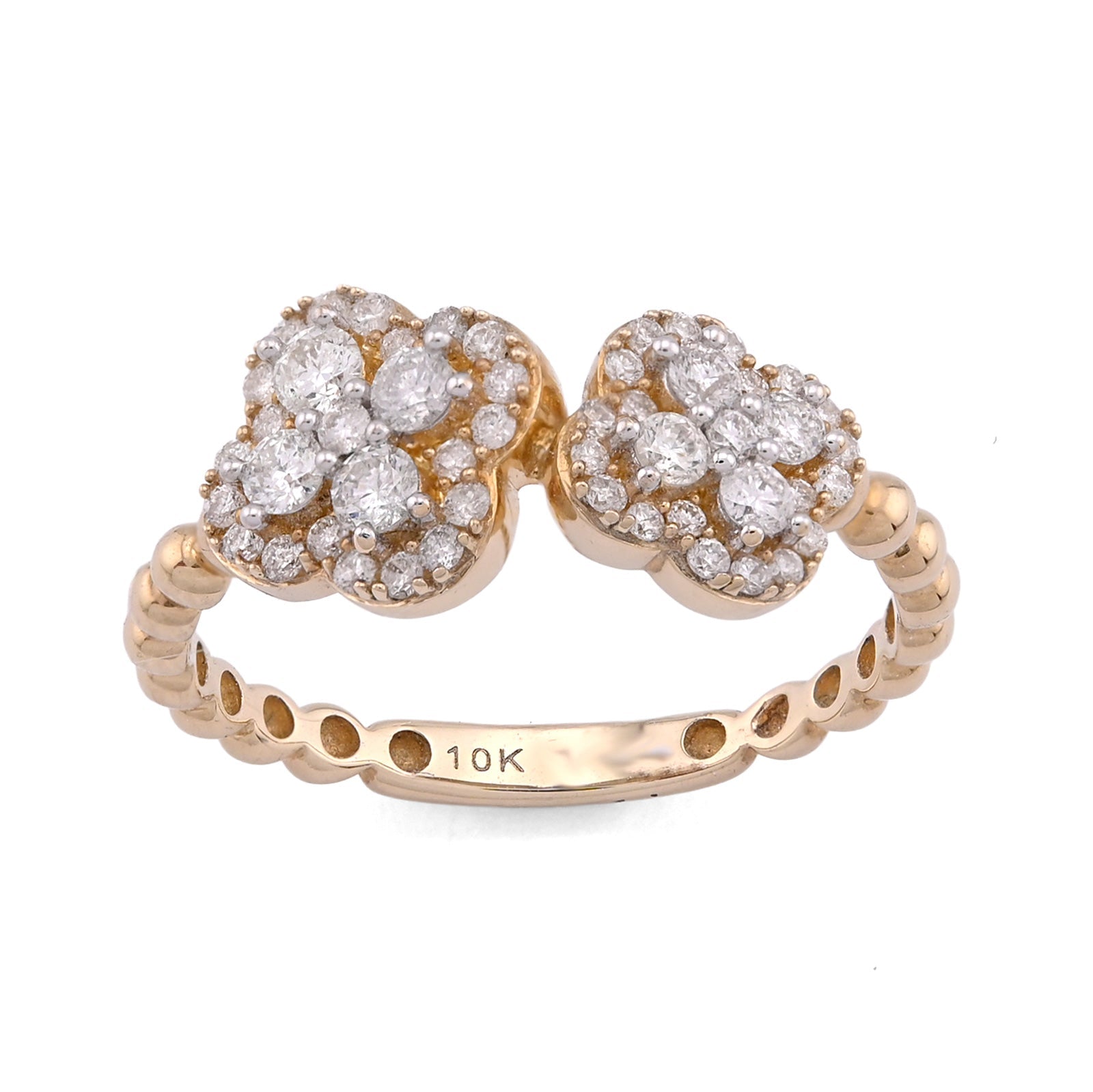 10K Yellow Gold Two 4 - Leaf Clover Side Bead Band 0.50CT Natural Diamond Women Ring - Elite Jewelers - Rings
