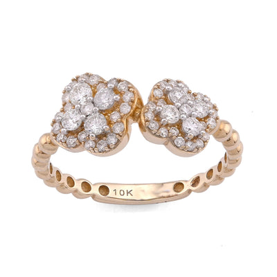 10K Yellow Gold Two 4 - Leaf Clover Side Bead Band 0.50CT Natural Diamond Women Ring - Elite Jewelers - Rings