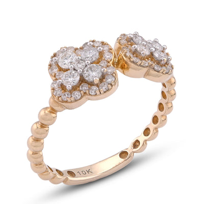 10K Yellow Gold Two 4 - Leaf Clover Side Bead Band 0.50CT Natural Diamond Women Ring - Elite Jewelers - Rings