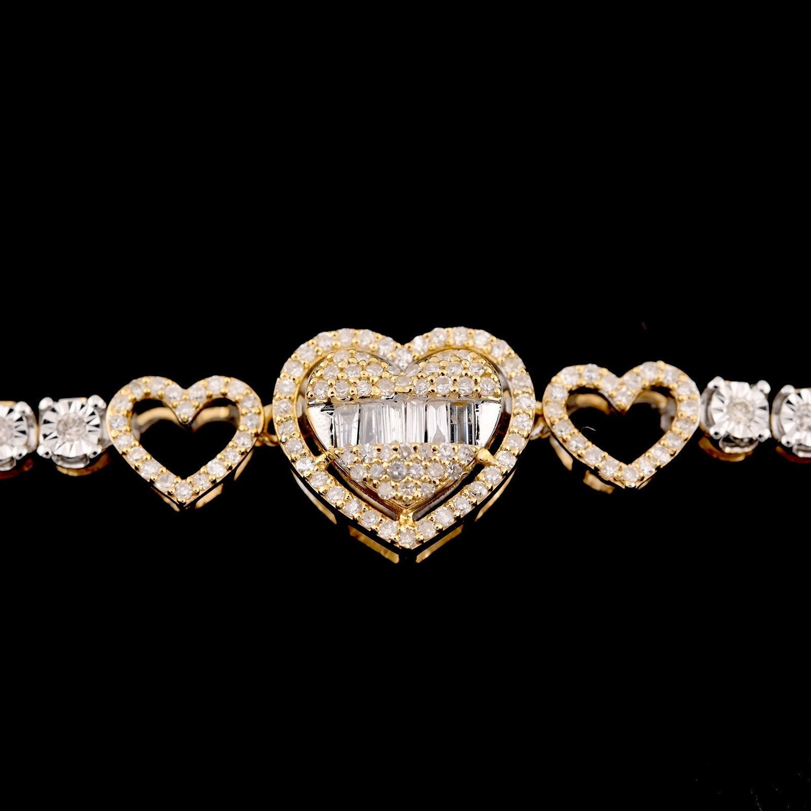 10k Yellow Gold Women 0.8CTW Baguette Diamond Heart Tennis Bracelet 7.6g 7Inch - Elite Jewelers - Bracelets