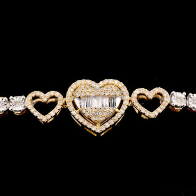 10k Yellow Gold Women 0.8CTW Baguette Diamond Heart Tennis Bracelet 7.6g 7Inch - Elite Jewelers - Bracelets