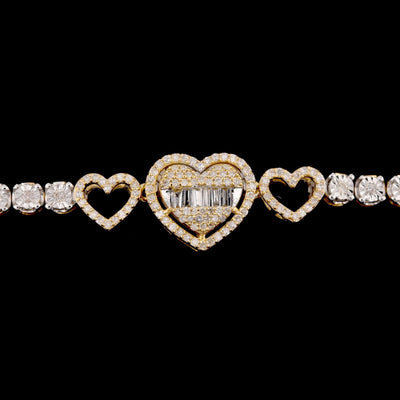 10k Yellow Gold Women 0.8CTW Baguette Diamond Heart Tennis Bracelet 7.6g 7Inch - Elite Jewelers - Bracelets