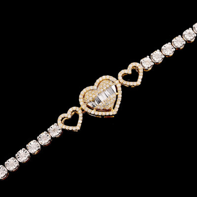 10k Yellow Gold Women 0.8CTW Baguette Diamond Heart Tennis Bracelet 7.6g 7Inch - Elite Jewelers - Bracelets