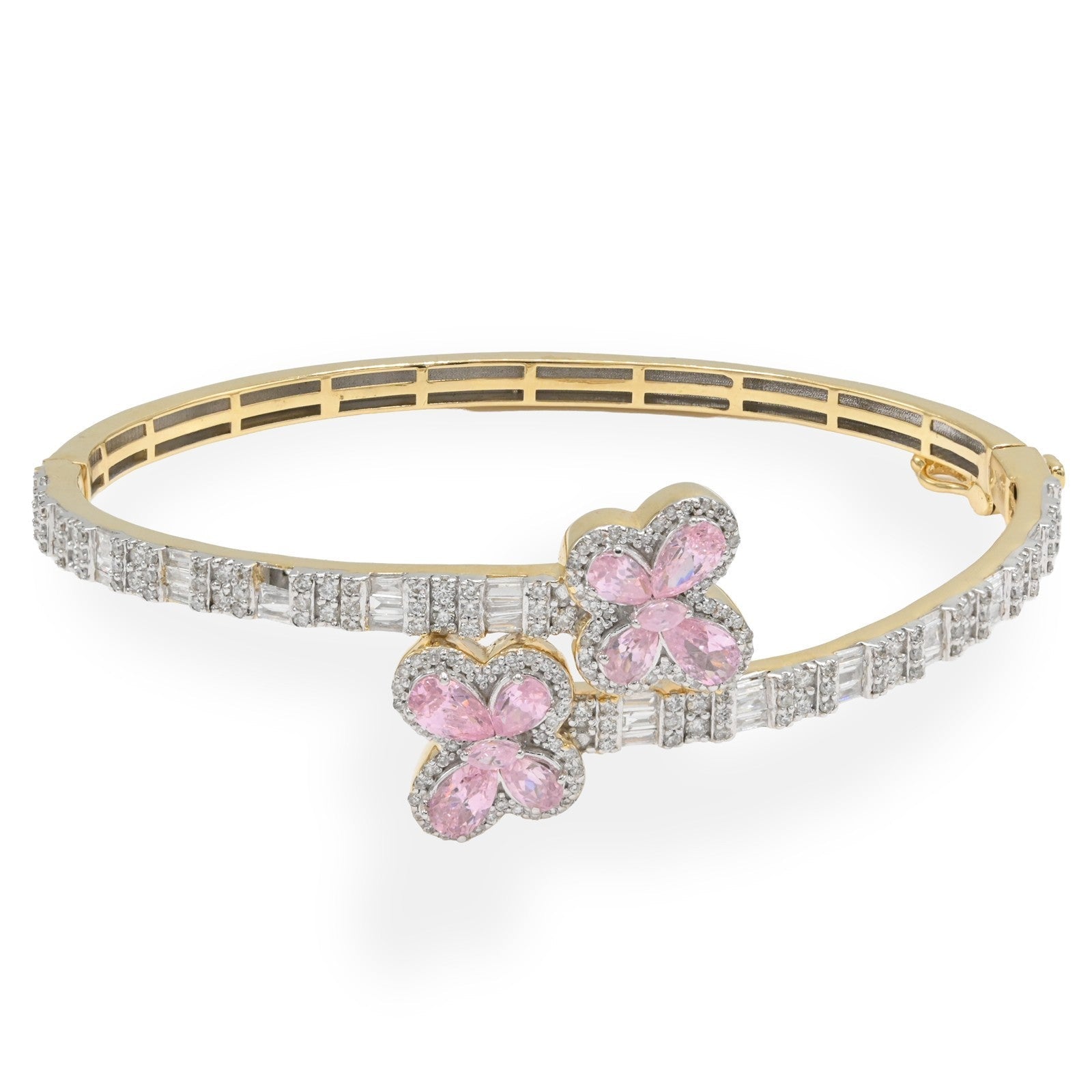 10k Yellow Gold Women 1.35CTW Baguette Diamond Butterfly Clover Bangle 10.7gms - Elite Jewelers - Bracelets