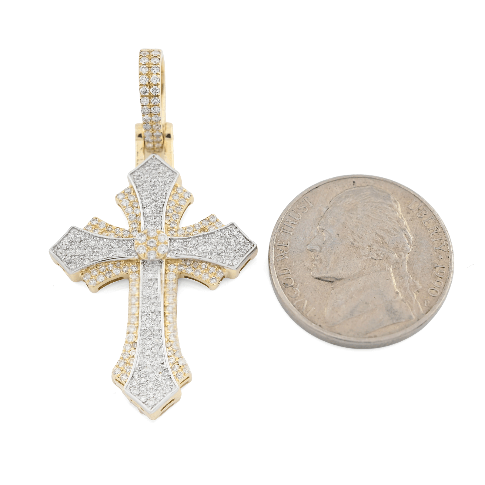 10k Yellow & White Gold 0.9CTW Natural Diamond Pave Cross Pendant 4.1g Charm - Elite Jewelers - Charms & Pendants