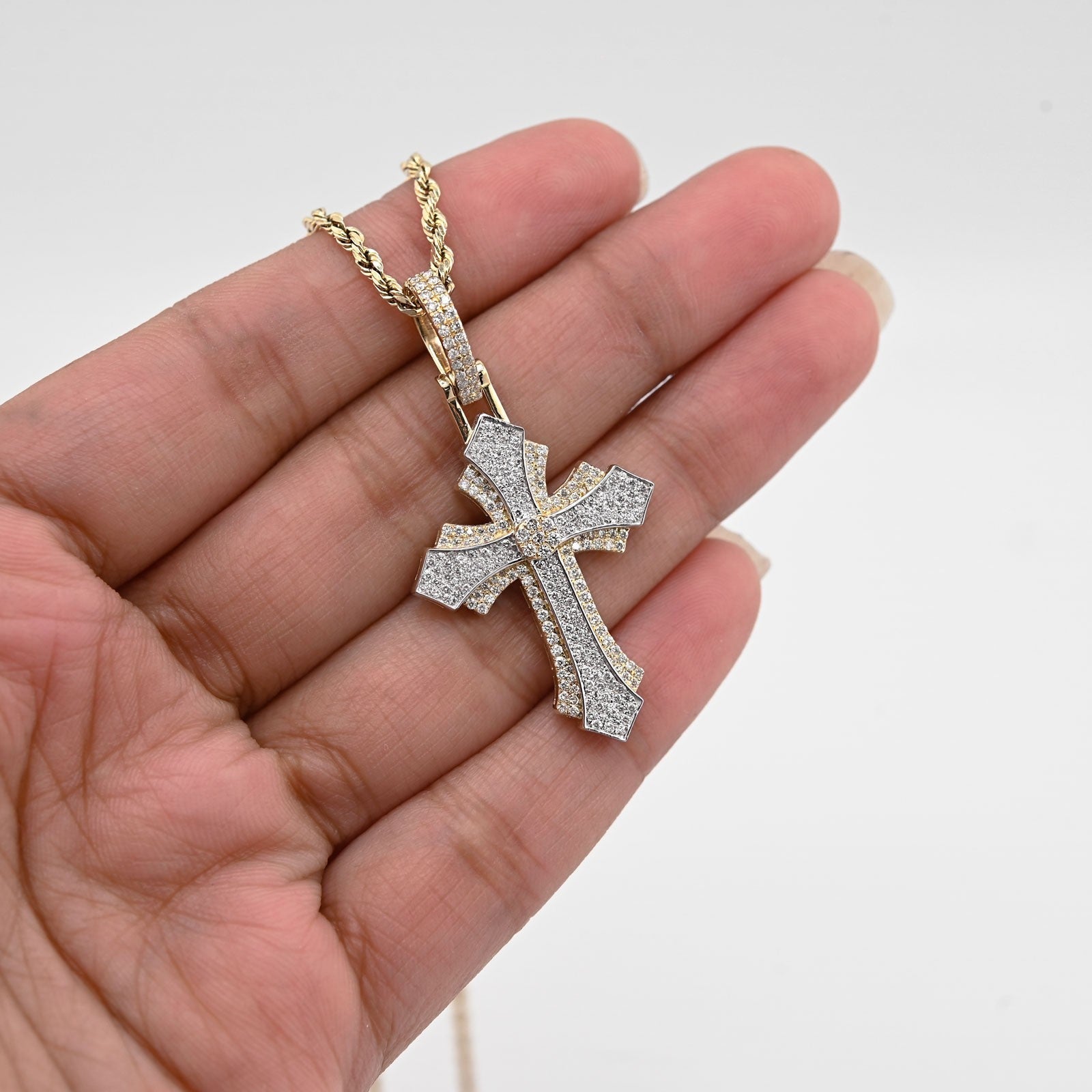 10k Yellow & White Gold 0.9CTW Natural Diamond Pave Cross Pendant 4.1g Charm - Elite Jewelers - Charms & Pendants