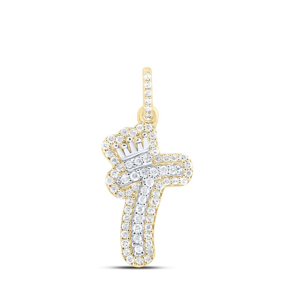 10k Yellow & White Gold 1.39gm 0.22CTW Natural Diamond Initial Crown "T" Pendant - Elite Jewelers - Charms & Pendants