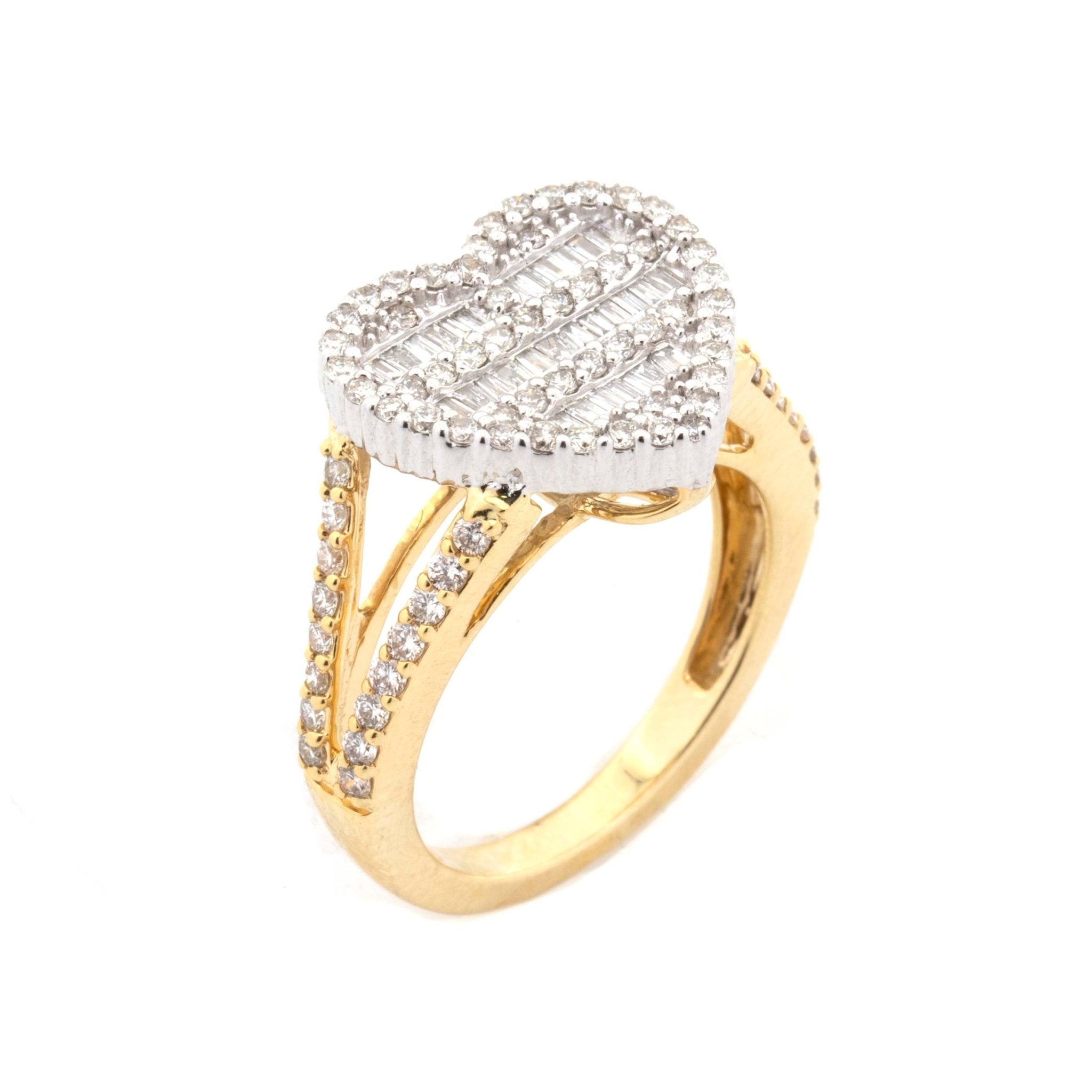 10K Yellow White Gold Heart 1.01CT Baguette Round Diamond Ring - Elite Jewelers - Rings