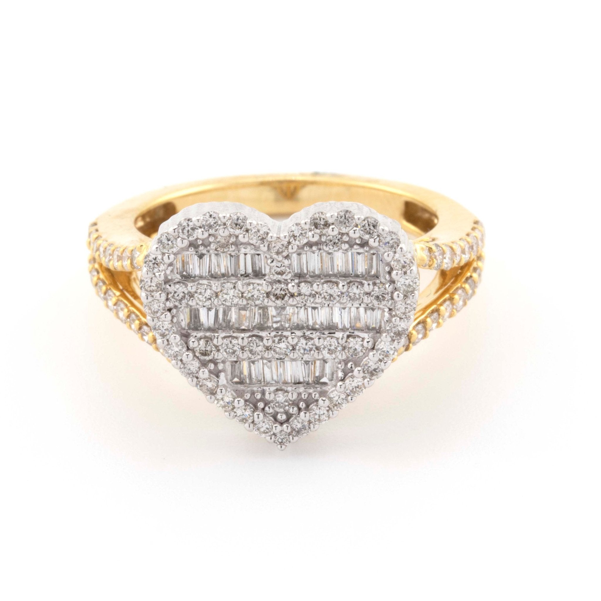 10K Yellow White Gold Heart 1.01CT Baguette Round Diamond Ring - Elite Jewelers - Rings