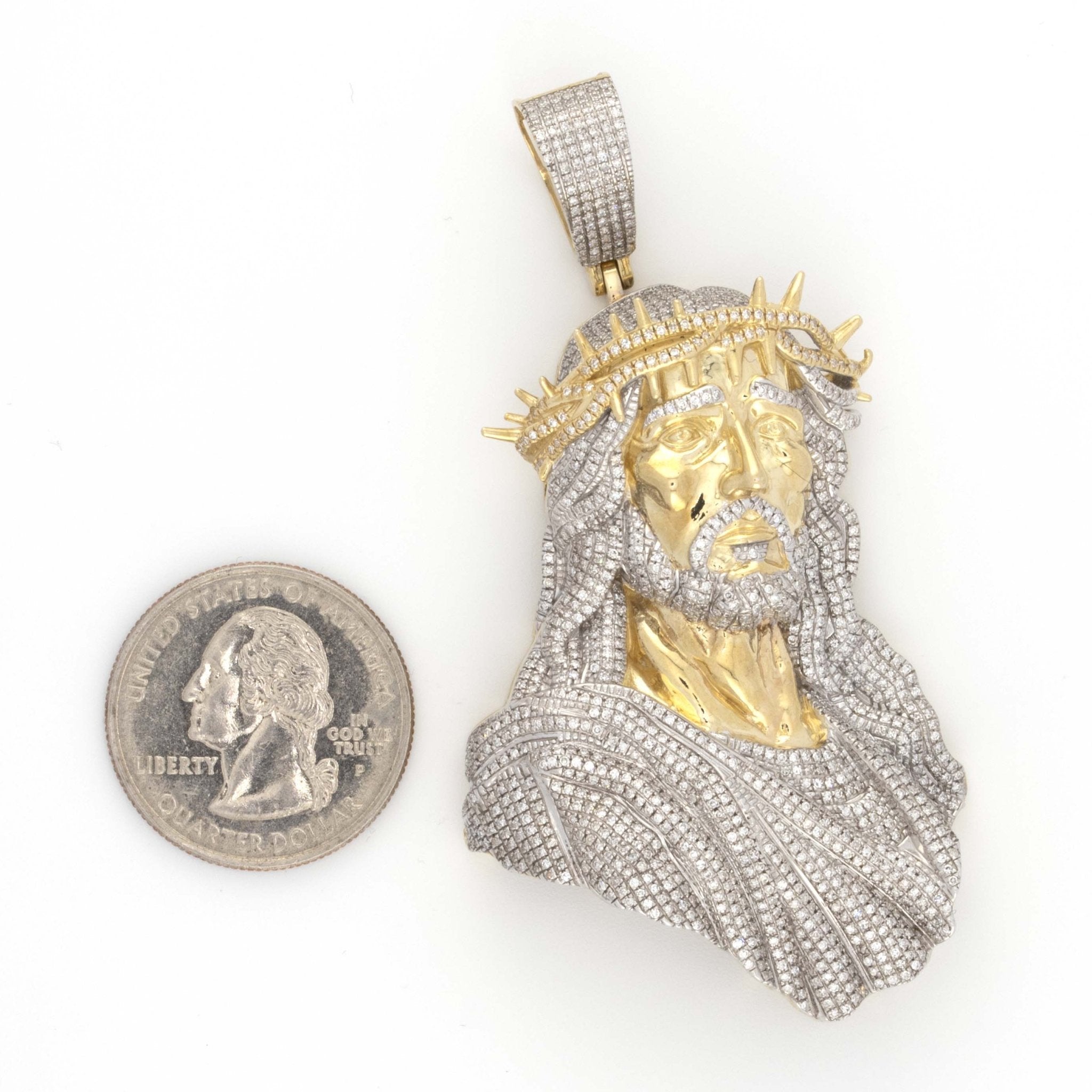 10K Yellow White Gold Spiky Crown 2.25CT Diamond Jesus Pendant 3" - Elite Jewelers - Charms & Pendants