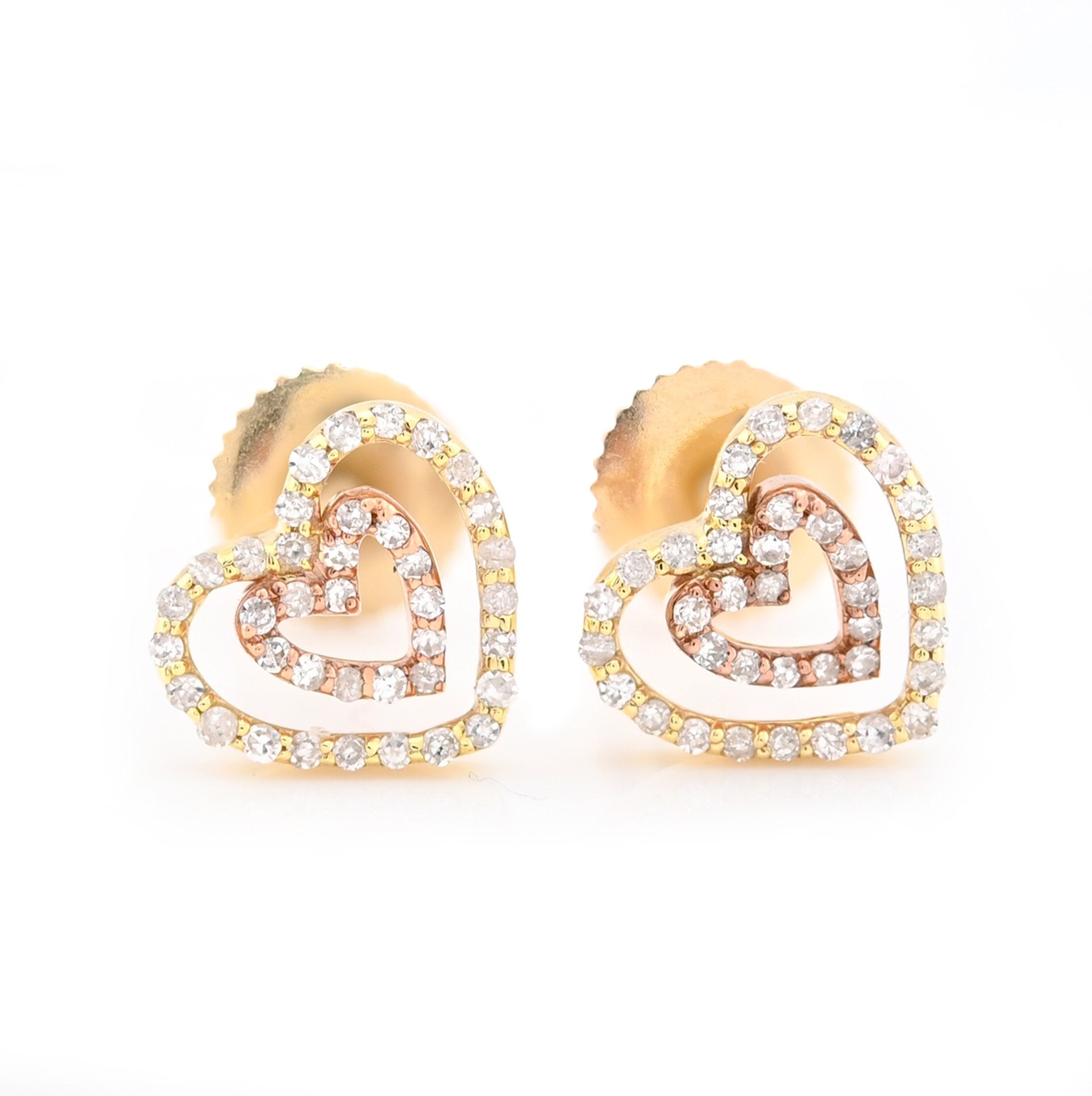 10K Yellow/Rose Gold 0.20CT Natural Diamond Round 2 Tone Dual Heart Shape Women Earring Studs - Elite Jewelers - Earrings