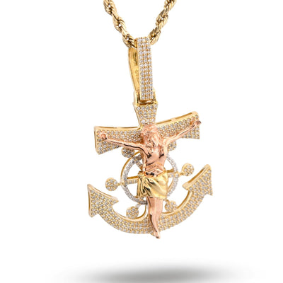 10k Yellow/Rose Gold 7.4gms 0.65 CTW Diamond Jesus Anchor Cross Crucifix Pendant - Elite Jewelers - Charms & Pendants