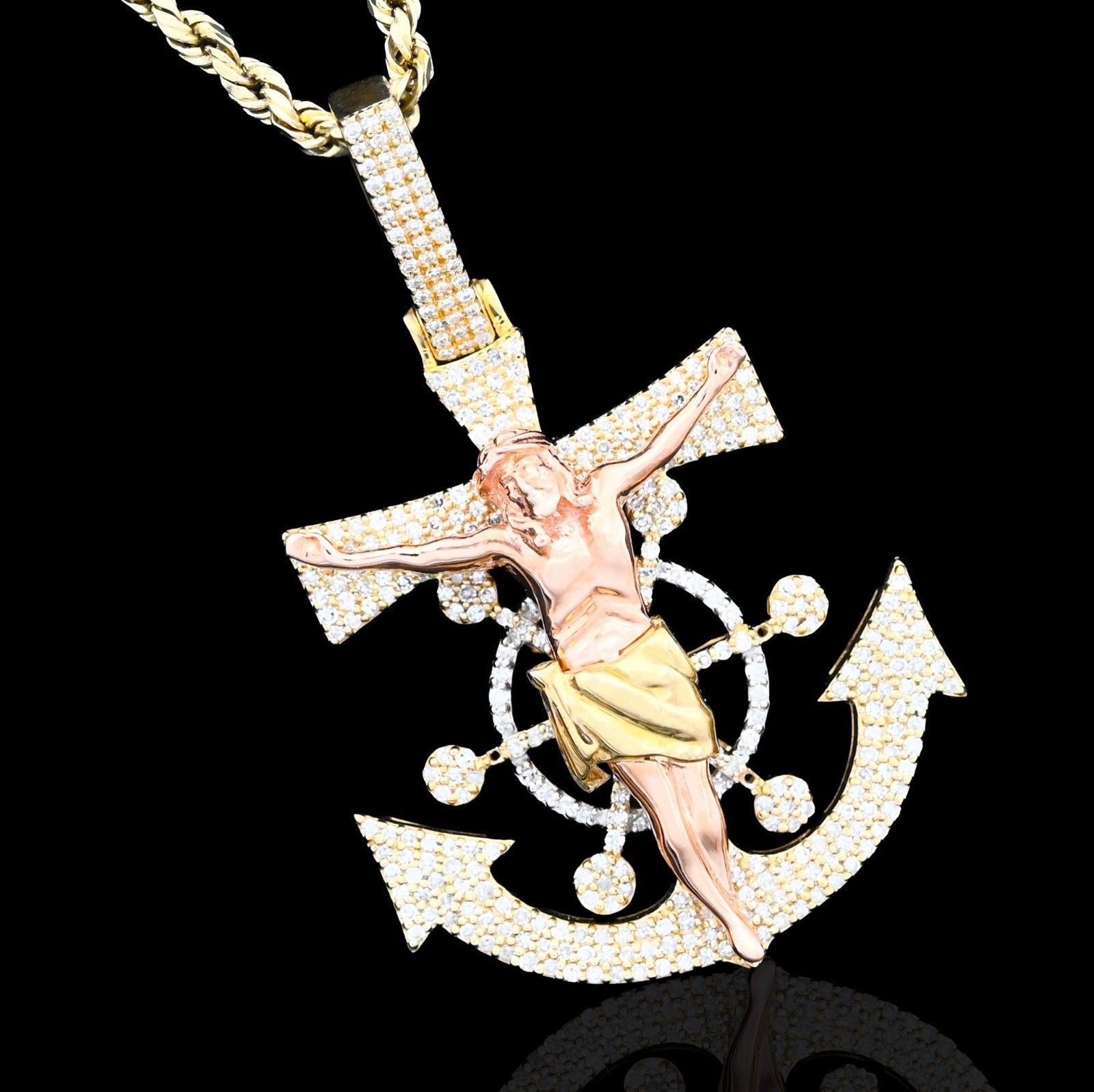 10k Yellow/Rose Gold 7.4gms 0.65 CTW Diamond Jesus Anchor Cross Crucifix Pendant - Elite Jewelers - Charms & Pendants