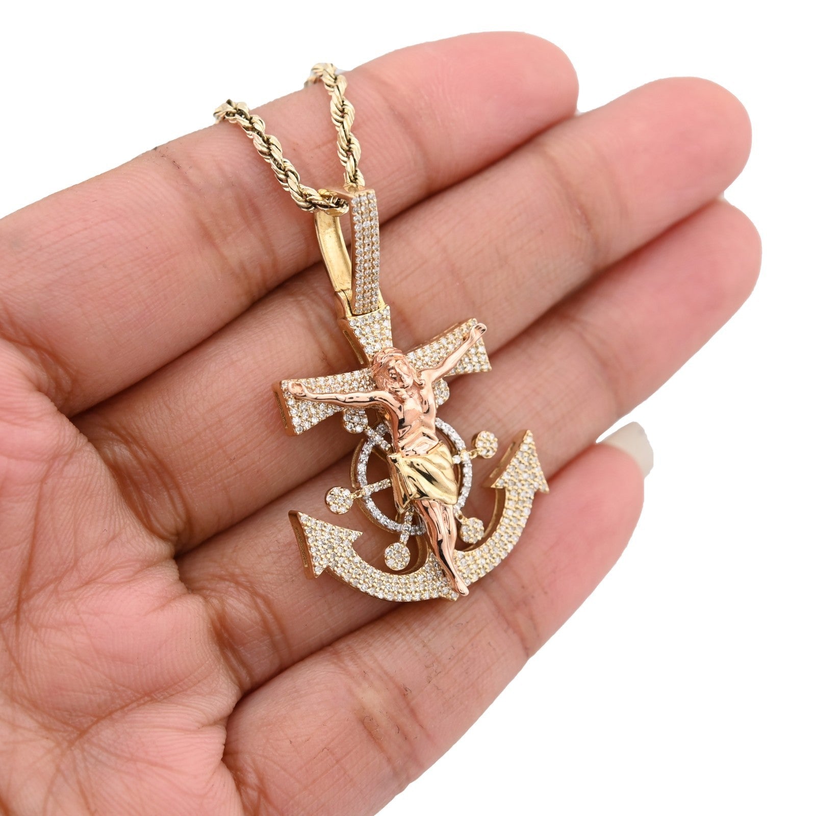 10k Yellow/Rose Gold 7.4gms 0.65 CTW Diamond Jesus Anchor Cross Crucifix Pendant - Elite Jewelers - Charms & Pendants