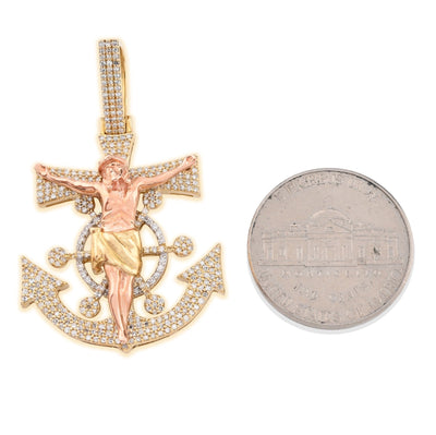 10k Yellow/Rose Gold 7.4gms 0.65 CTW Diamond Jesus Anchor Cross Crucifix Pendant - Elite Jewelers - Charms & Pendants