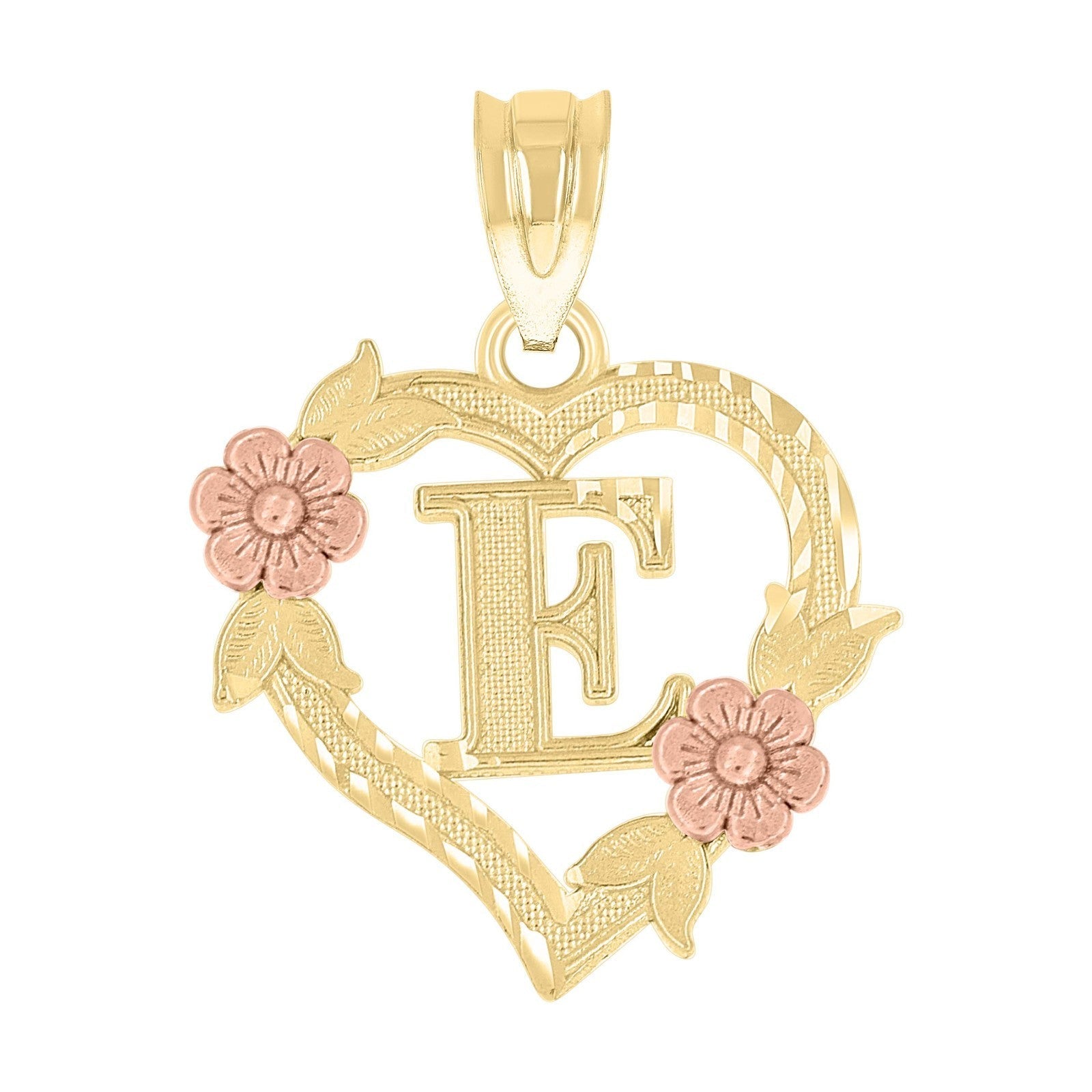 10k Yellow/Rose Gold Heart Flower Initial Letter "E" Pendant 1.1g Alphabet Charm - Elite Jewelers - Charms & Pendants