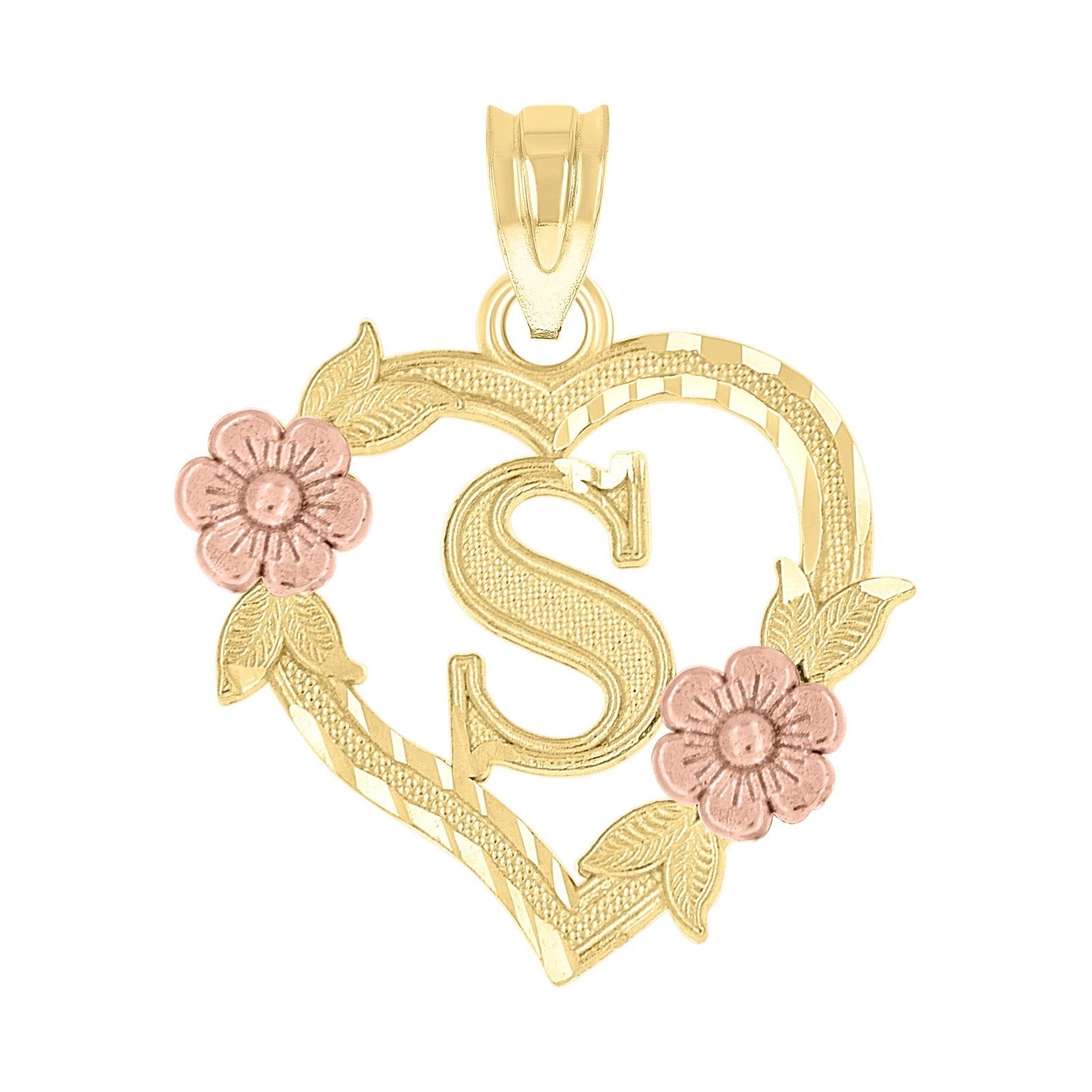 10k Yellow/Rose Gold Heart Flower Initial Letter "S" Pendant 1.1g Alphabet Charm - Elite Jewelers - Charms & Pendants