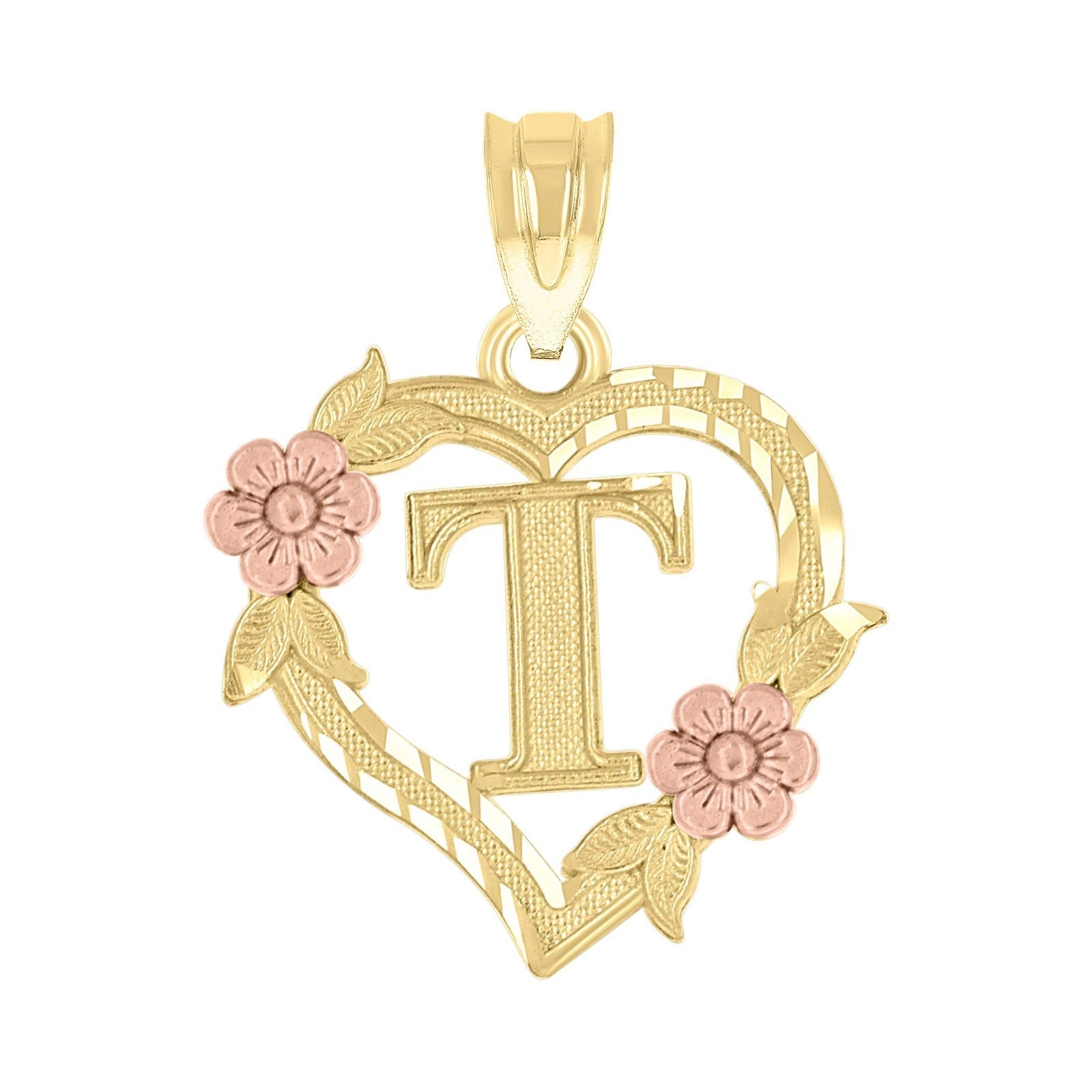 10k Yellow/Rose Gold Heart Flower Initial Letter "T" Pendant 1.1g Alphabet Charm - Elite Jewelers - Charms & Pendants