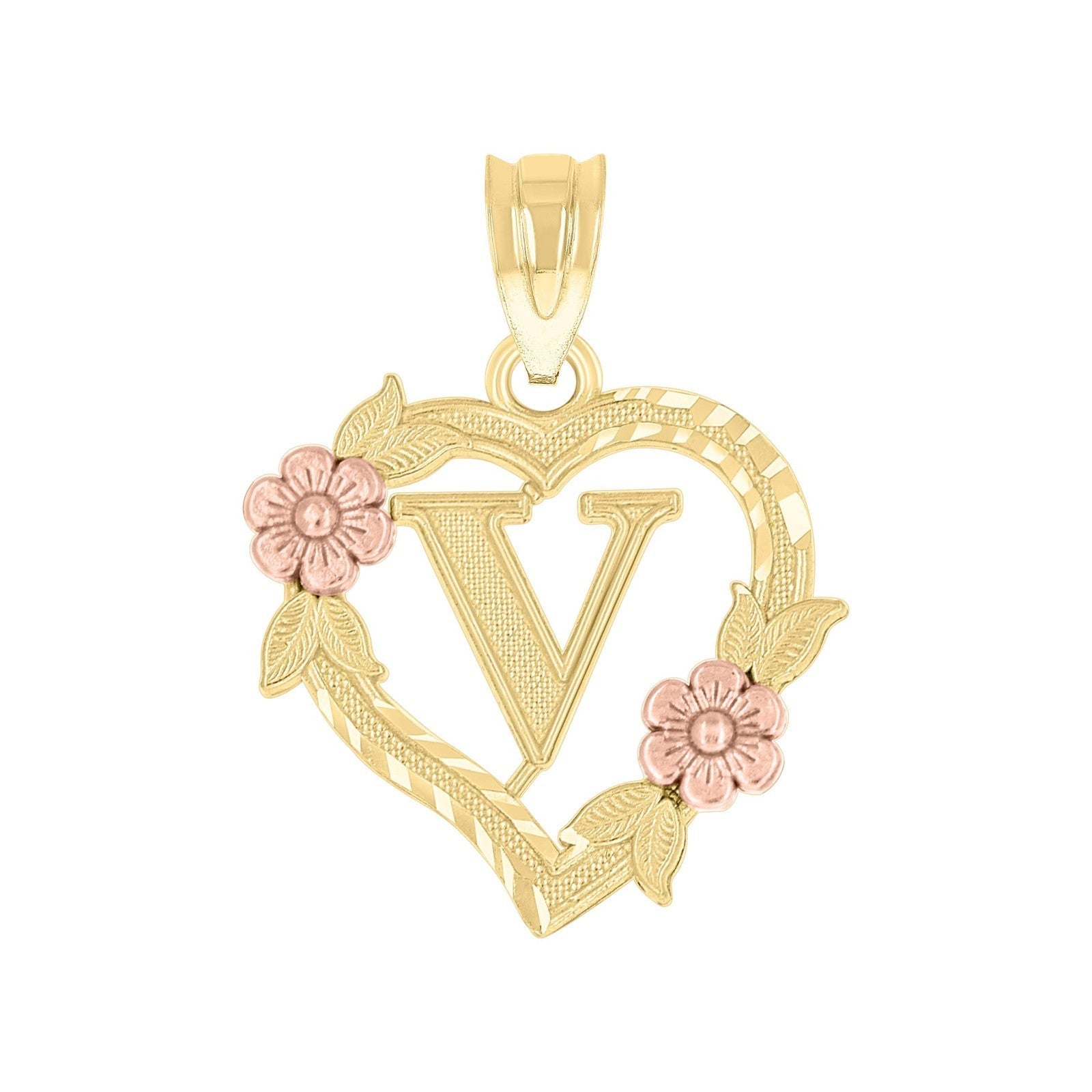 10k Yellow/Rose Gold Heart Flower Initial Letter "V" Pendant 1g Alphabet Charm - Elite Jewelers - Charms & Pendants