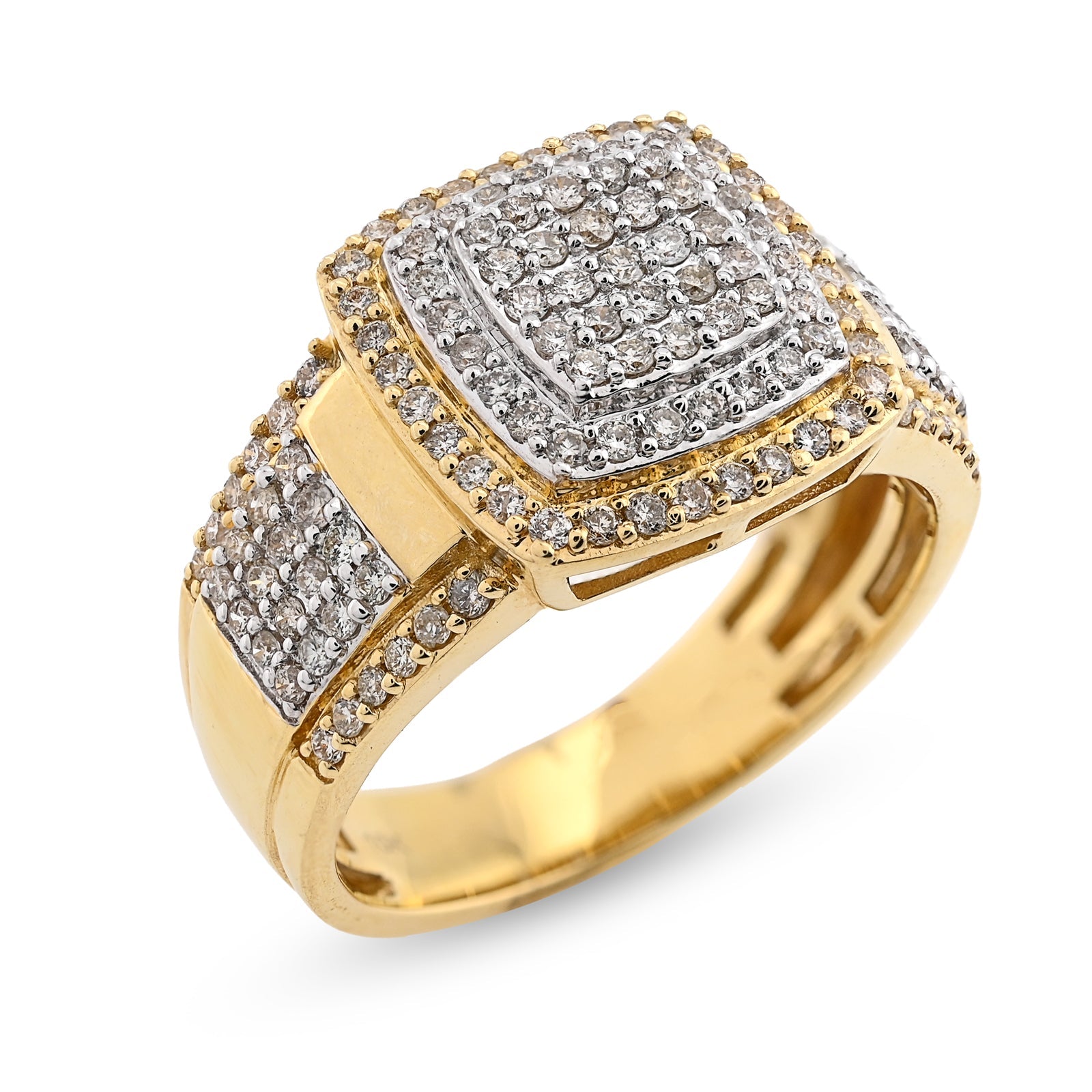 10K Yellow/White Gold 1.01CT Natural Diamond Three Row Rectangular 2 Tone Men Ring - Elite Jewelers - Rings