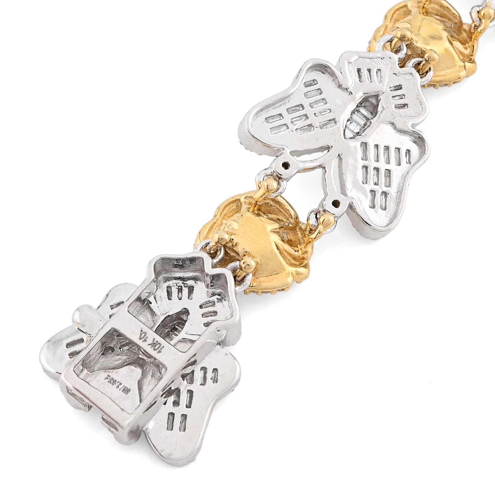 10K Yellow/White Gold Natural Diamond Baguette/Round Butterfly & Flower Link Women Bracelet - Elite Jewelers - Bracelets